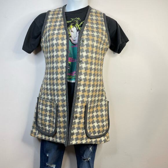 Vintage 60s 70s Patty Woodard Wool houndstooth Plaid Long mod Vest womens 10 S M - Picture 9 of 10